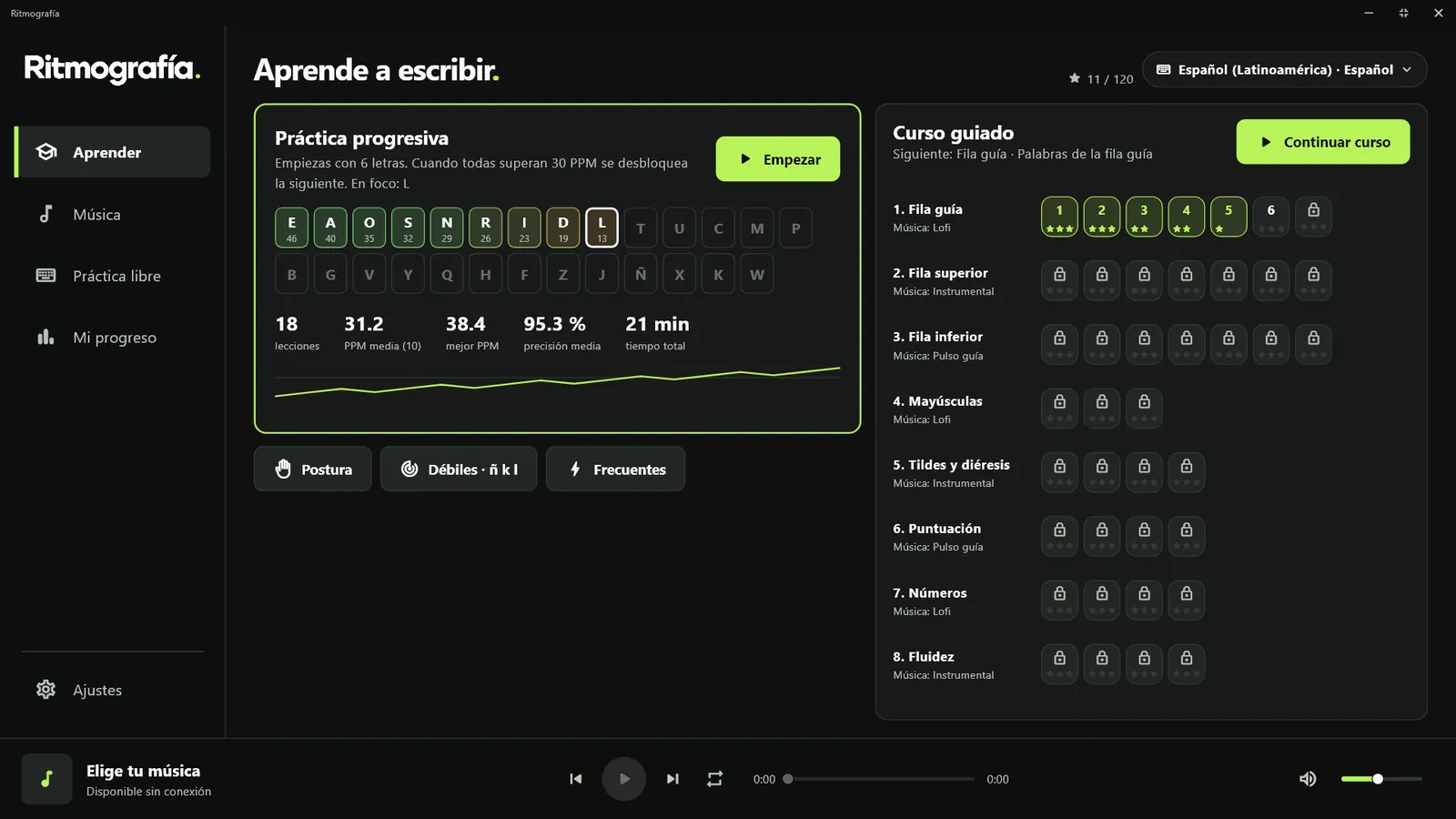 Pantalla Aprender con la práctica progresiva y el curso guiado