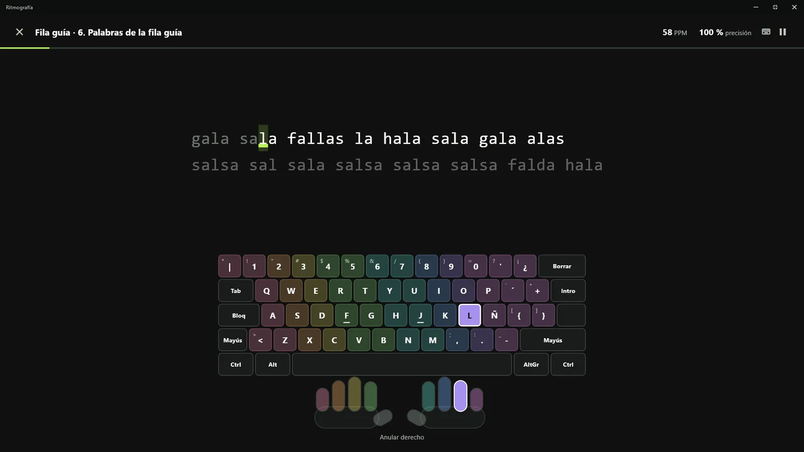 Lección con el teclado coloreado por dedos y la mano indicando el anular derecho