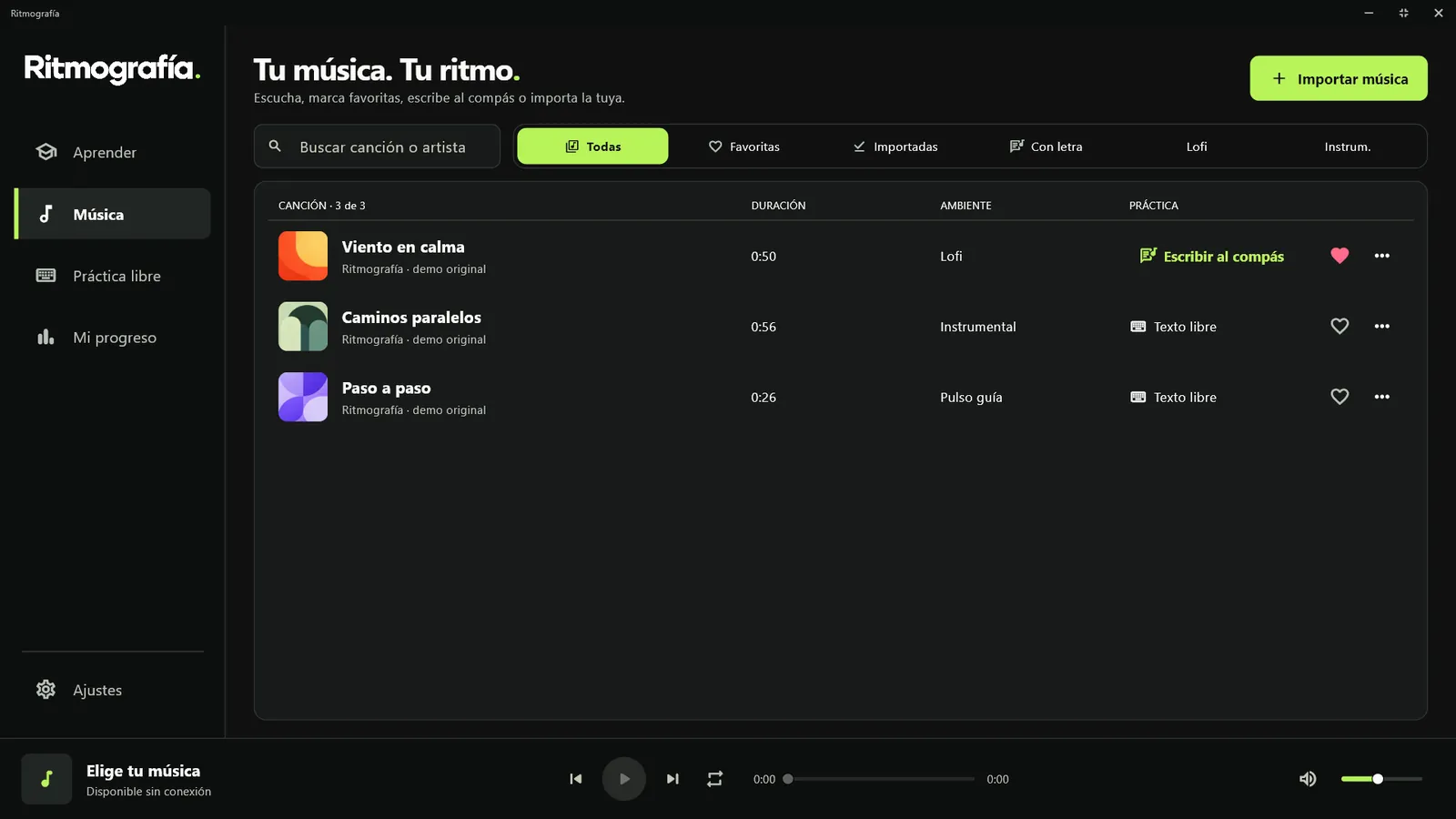 Biblioteca de música con favoritas y filtros