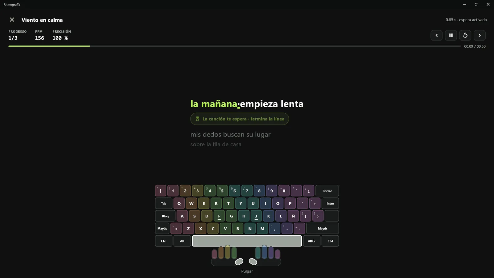 Modo canción con la línea actual y el aviso de que la canción espera